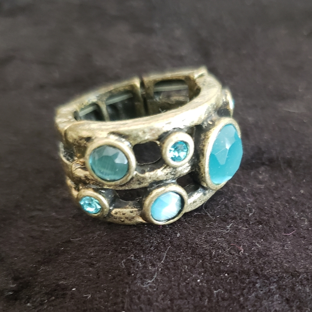 Muted gold stretchy ring with turquoise accents